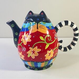 Cat’s Meow Red Floral Cat Teapot, Striped Tail Handle, Ceramic